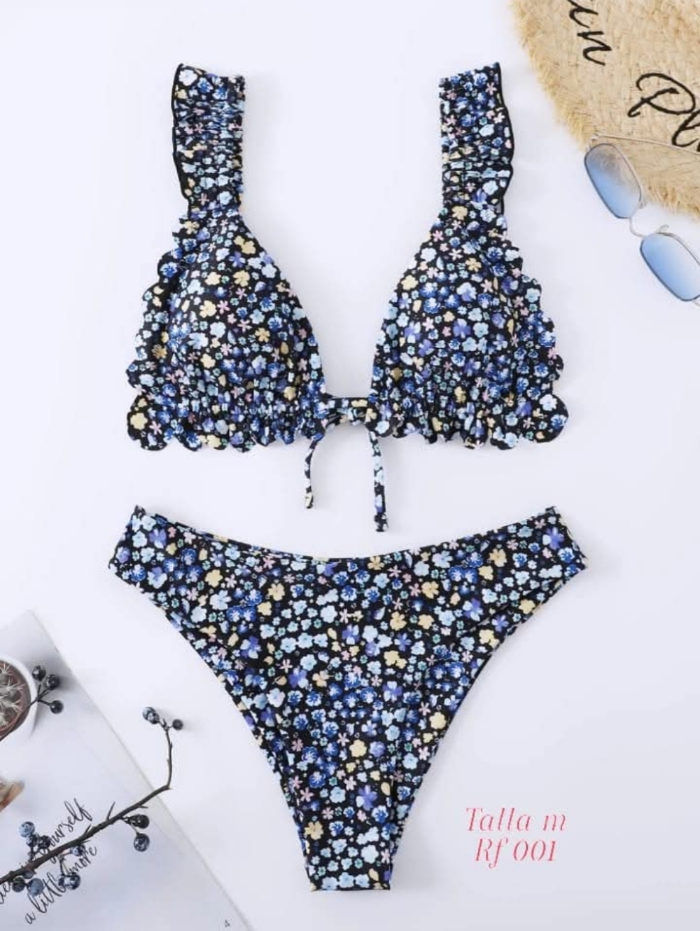 Shein Floral Ruffled Triangle Bikini Set - Blue & Yellow Flowers Cheeky Coverage
